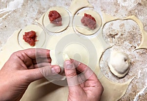 Dumplings raw and dough, traditional making of Russian pelmeni. Process of cooking ravioli, tortellini and pierogi with meat
