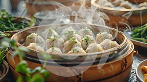 Dumplings steaming on table, part of a delicious cuisine