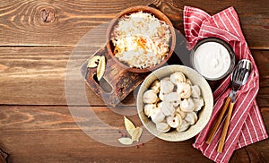 Dumplings stuffed with meat, pelmeni, ravioli, dumplings.