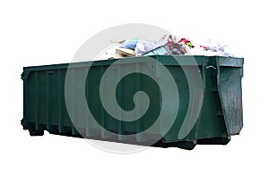 Dumpster for Demolition Removal isolated on white background. Container for garden waste and for dumping renovation waste. Metal