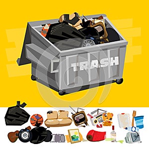 Dumpster full of Garbage with Trash Digging - Vector photo