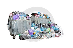 Dumpsters being full with garbage and big pile of garbage in black blue trash bags isolated on white background. Ecology concept.