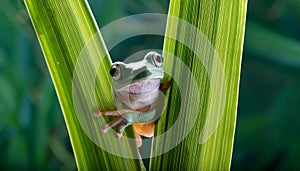 Dumpy frog, poked between the stems of the leaves