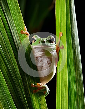 Dumpy frog, poked between the stems of the leaves
