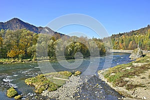 Dunajec river in Szczawnica town at sunny autumn day