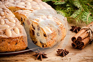 Dundee cake on a wooden table