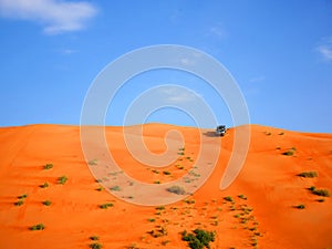 Dune bashing with 4 wheels truck in Wahiba desert, Oman