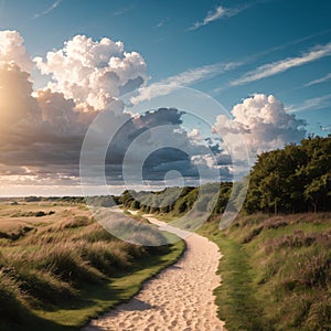 Dune landscape Hollands Duin Noordwijk in the Netherlands with bright sunlight and cumulus clouds in the sky photo