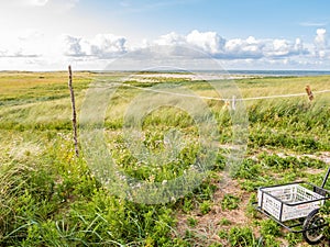 Dune landscape of North Sea coast with clothesline and cart on B