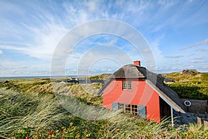 Dune landscape at the North Sea with holiday homes near Henne Strand, Jutland Denmark