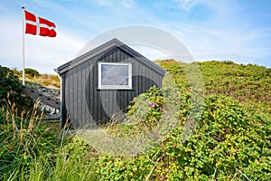 Dune landscape at the North Sea with holiday homes near Henne Strand, Jutland Denmark photo