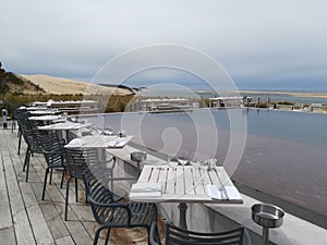 Dune Pilat restaurant terrace, Arcachon Bassin, Bordeaux, France, 2018. photo