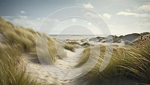 Dune setting by the coast of Denmark in the summer with lyme grass in the sand