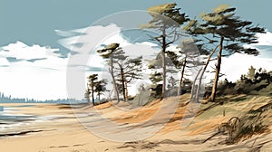 Dune Sketch: Pine Trees Along Water