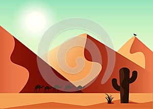 dunes in the desert, silhouette of camels at sunset, vector image