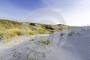 Dunes in the morning sunlight. Gras grow on the hilltops. In the blue sky, white clouds move to the sea.