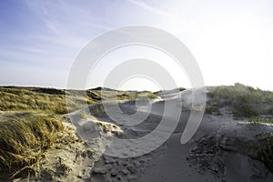 Dunes in the morning sunlight. Grasses grow on the hilltops. In the blue sky, white clouds move to the sea. Beach in the