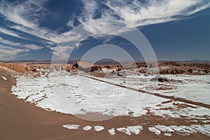 Dunes and rock formations covered with dry salt