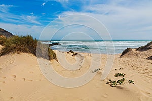 Dunes and sea landscape at the Amoreira beach in Portugal