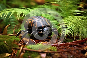 dung beetle rolling ball on a leafy forest floor