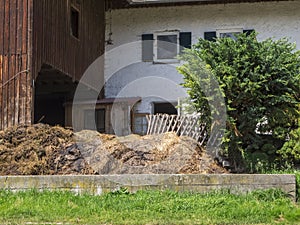 Dung heap in front of a wooden barn