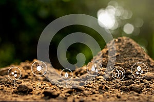 Dung or manure with technology icons about decomposition become soil around