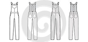 Dungaree Denim overall jumpsuit technical fashion illustration with full floor length, normal waist, high rise, pockets