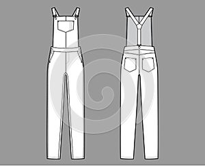 Dungaree Denim overall jumpsuit technical fashion illustration with full floor length, normal waist, high rise, pockets