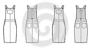 Dungaree dress Denim overall jumpsuit technical fashion illustration with knee length, normal waist, high rise, pockets