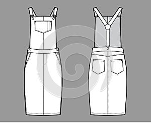 Dungaree dress Denim overall jumpsuit technical fashion illustration with knee length, normal waist, high rise, pockets