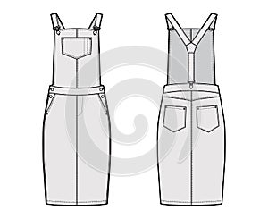 Dungaree dress Denim overall jumpsuit technical fashion illustration with knee length, normal waist, high rise, pockets