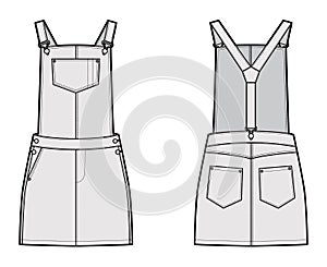 Dungaree dress Denim overall jumpsuit technical fashion illustration with mini length, normal waist, high rise, pockets
