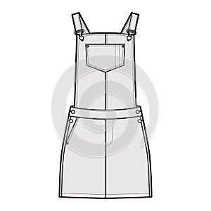 Dungaree dress Denim overall jumpsuit technical fashion illustration with mini length, normal waist, high rise, pockets