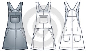 Dungaree Dress technical fashion Illustration. Mini Dress fashion flat technical drawing template, A-line, button, pocket