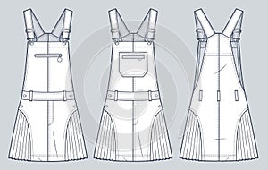 Dungaree Dress technical fashion Illustration. Pleated Mini Dress fashion flat technical drawing template, A-line, button