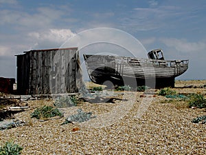 Dungeness beach with boats, Kent.