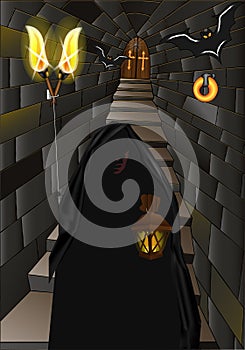 dungeon . witch monklong corridor of a medieval