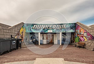 Public toilets on boardwalk of Dunkirk Beach, France.