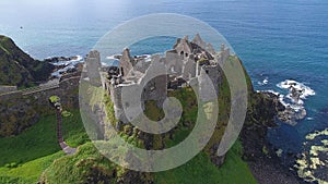 Dunluce Castle Co Antrim Northern Ireland blue sea background for editorâ€™s text