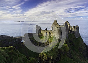 Dunluce Castle and some islands off the coast of Northern Ireland.