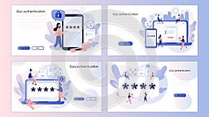 Duo authentication. Verification code message for secure login or sign in. Two factor verification. Screen template for