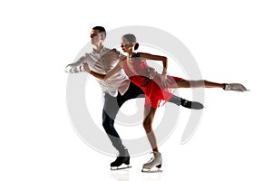 Duo figure skating isolated on white studio backgound with copyspace