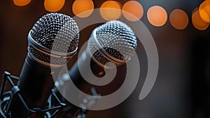 Duo Mics Poised for Conversation Against a Bokeh Lights Backdrop. Concept Podcast Recording, Studio photo
