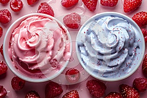 A duo of summer flavors, cool ice cream and juicy strawberry and raspberry, dance on the palate