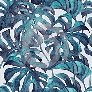 Duo tone colored monstera leaves seamless pattern. Tropical leaf sketch
