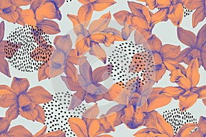 Duo tone colored orchids seamless pattern with minimal shapes, doodles