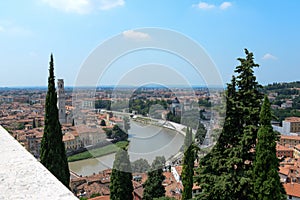 Duomo di Verona a view from ruins and tall trees.