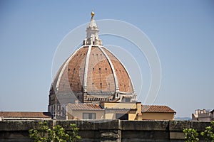 Duomo Florence, aka Cathedral of Santa Maria del Fiore in Florence, Italy . View from the balcony of Palazzo Vecchio.