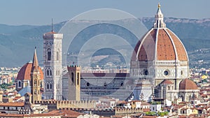 Duomo Santa Maria Del Fiore and Bargello aerial timelapse in the morning from Piazzale Michelangelo in Florence, Tuscany