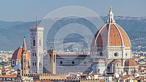 Duomo Santa Maria Del Fiore and Bargello aerial timelapse in the morning from Piazzale Michelangelo in Florence, Tuscany photo